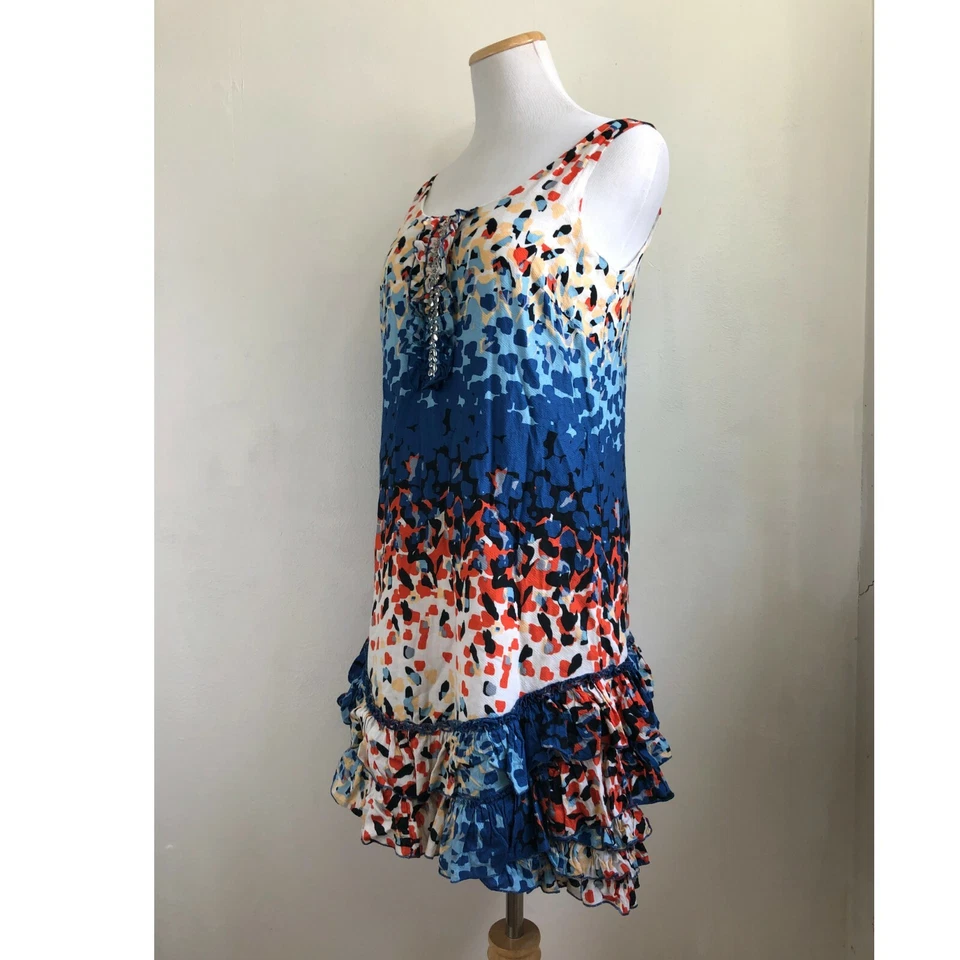 Vestido KENSIE Talla Pequeña Multi Estampado Volantes Cuentas Coqueto Sin Mangas Algodón Foto 4 de 4