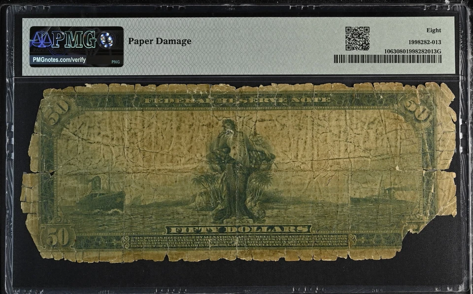 SCARCE 1914 $50 FRN  **21 Known** Fr. 1063 White|Mellon PMG 8 VG (Paper Damage) - Image 2 of 3