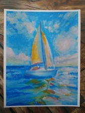 Sailboat In The Sun,  Art Print, Oil Pastel 8.5x11"