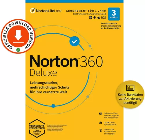 NORTON 360 DELUXE 2025 3 Geräte / 1 Jahr inkl. 25GB Cloud, KEIN ABO DIGITAL