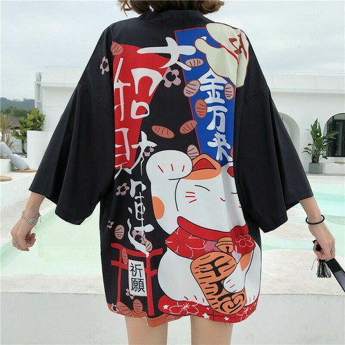 Women Girl Japanese Kimono Coat Loose Yukata Outwear Tops Fortune Lucky Cat - Picture 9 of 15