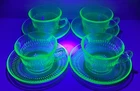 Vtg 8-Piece Anchor Hocking Roulette Green Uranium Depression Glass Cup & Saucer