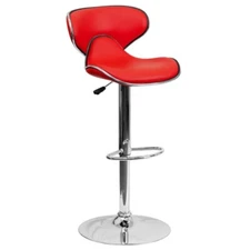 Contemporary Mid-Back Red Vinyl Adjustable Height Bar Stool with Chrome Base