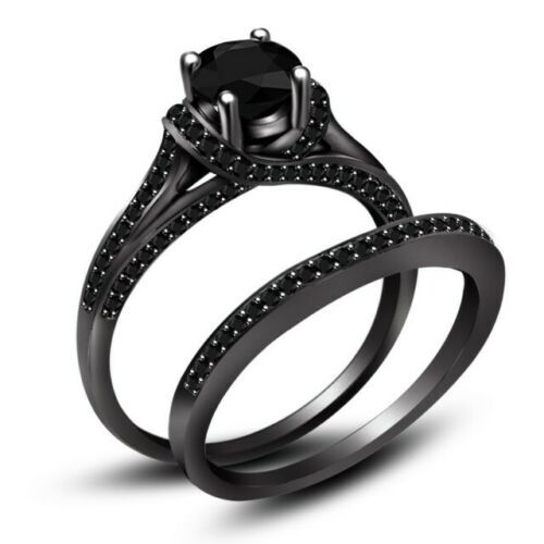 2CT Round Lab-Created Diamond Wedding Bridal Ring Set 14K Black Gold Finish - Picture 2 of 3