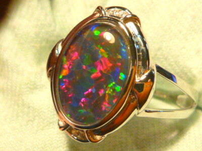 Opal Ring Ladies Sterling Silver (925) & CZ, 13 x 9mm Oval Shape Triplet 120851