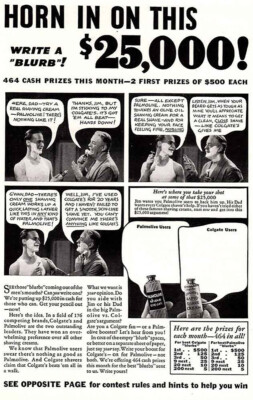 1932 Palmolive vs Colgate Shaving Cream Contest: Horn  Vintage Print Ad