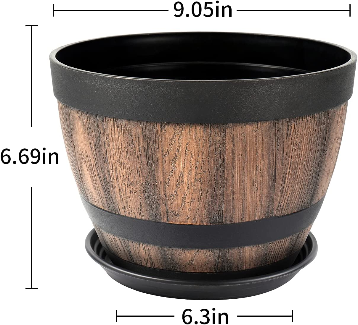 Plant Pots with Drainage Holes & Saucer, 9 Inch ,2 Pack Barrel Planters