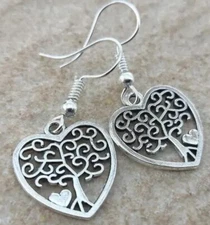 925 Sterling Silver Fashion Heart Tree of Life Heart Drop Dangle Hook Earrings