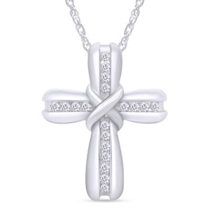 Authentic 1/10 CT Natural Diamond Cross Pendant Necklace 14K White Gold Plated Silver