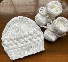Beanie & Booties Set. White. Hand-knitted by me. Newborn Baby. Cute and Soft.