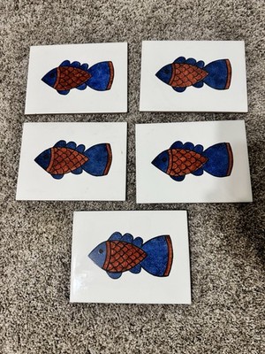 Vintage Hand-Painted Ceramic Tile Set   Tropical Fish - Set Of 5. 6''x 8''
