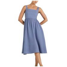 Quince 100% European Linen Fit & Flare Midi Dress Large Blue Moonstone Nautical