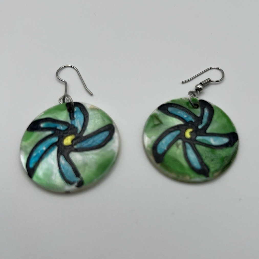 Handcrafted Painted Shell Dangle Earrings Round F… - image 1