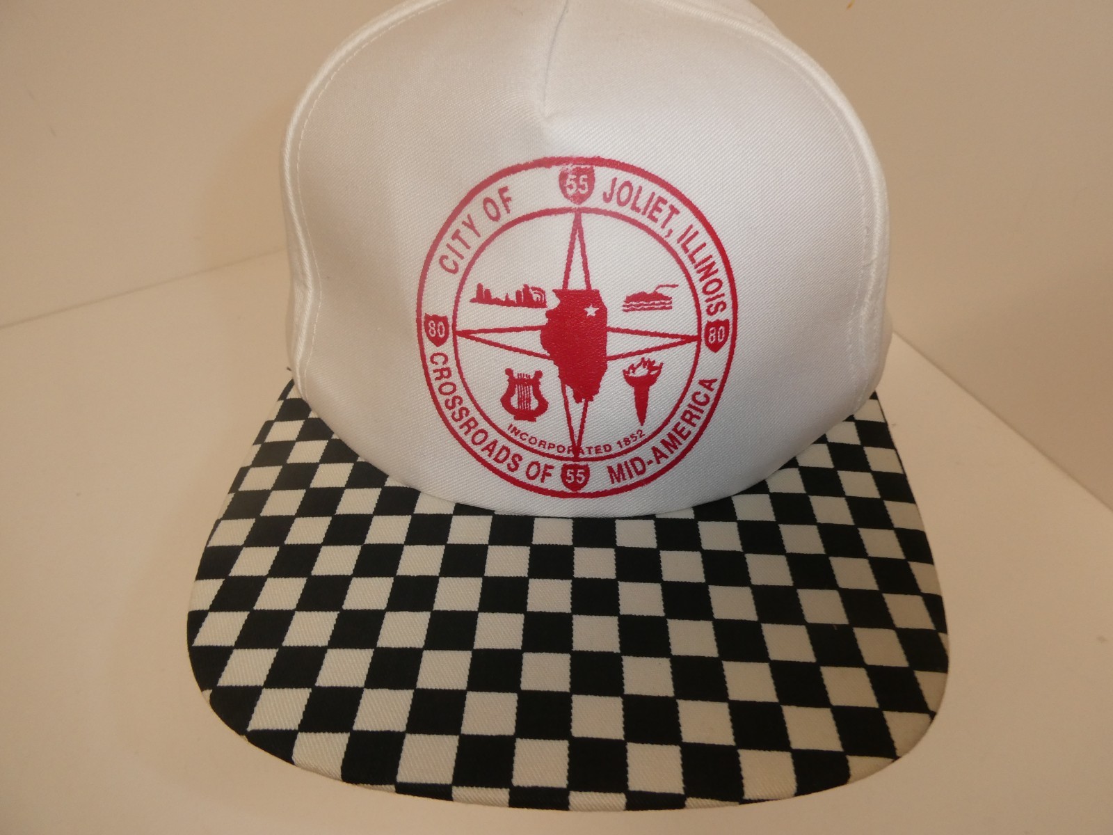 VTG JOLIET, IL Crossroads Checkered SAN SUN Adjustable Snapback Hat Cap