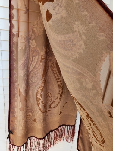 J&X NY Brown Floral Silk Viscose Burnout Velvet Fringed Scarf Shawl Wrap 76x20 - Picture 15 of 20