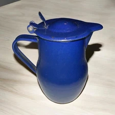 VTG Blue Enamel Milk Pot French Enamelware Hinged Lidded Jug 