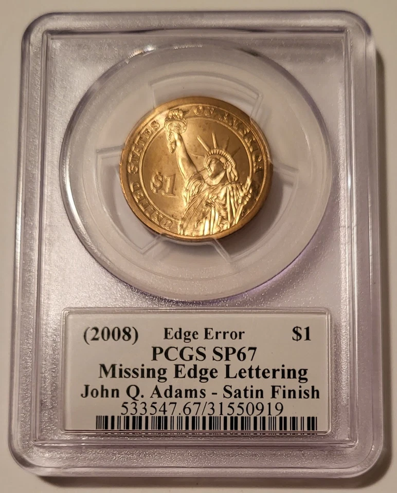 PCGS 2008 John Q Adams Presidential Dollar Error Missing Lettering SF SP67 Moy - Image 2 of 2