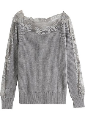 Pullover mit Spitze Gr. 36/38 Grau Damen Langarm Strickpullover Neu