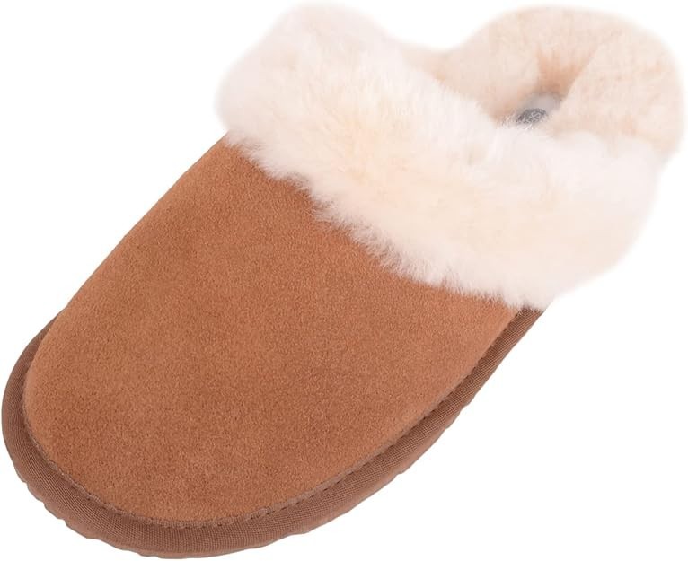 SNUGRUGS Women's Open Back Genuine Sheepskin Mule Slipper with Cuff Chestnut 9
