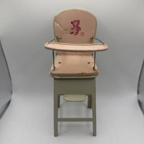 J. Chein & Co. Litho Dollhouse Vintage Tin Doll High chair Pink Teddy Bear 3x8