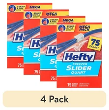 (4 pack) Hefty Slider Freezer Kitchen Storage Bags, Quart Size, 75 Count