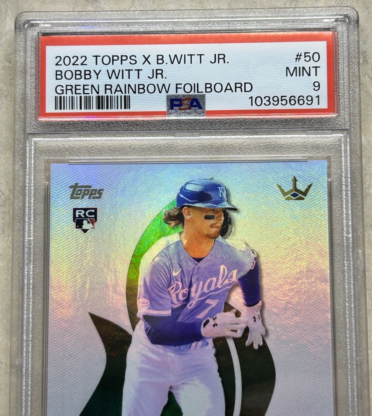 Bobby Witt Jr. - 2022 TOPPS X  CROWN COLL | GREEN RAINBOW FOILBOARD /75 PSA 9 view 2