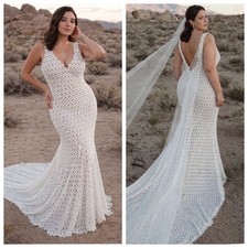 Daughters of Simone Nev Crochet Lace Wedding Dress Nude Lined Boho Gown 4XL
