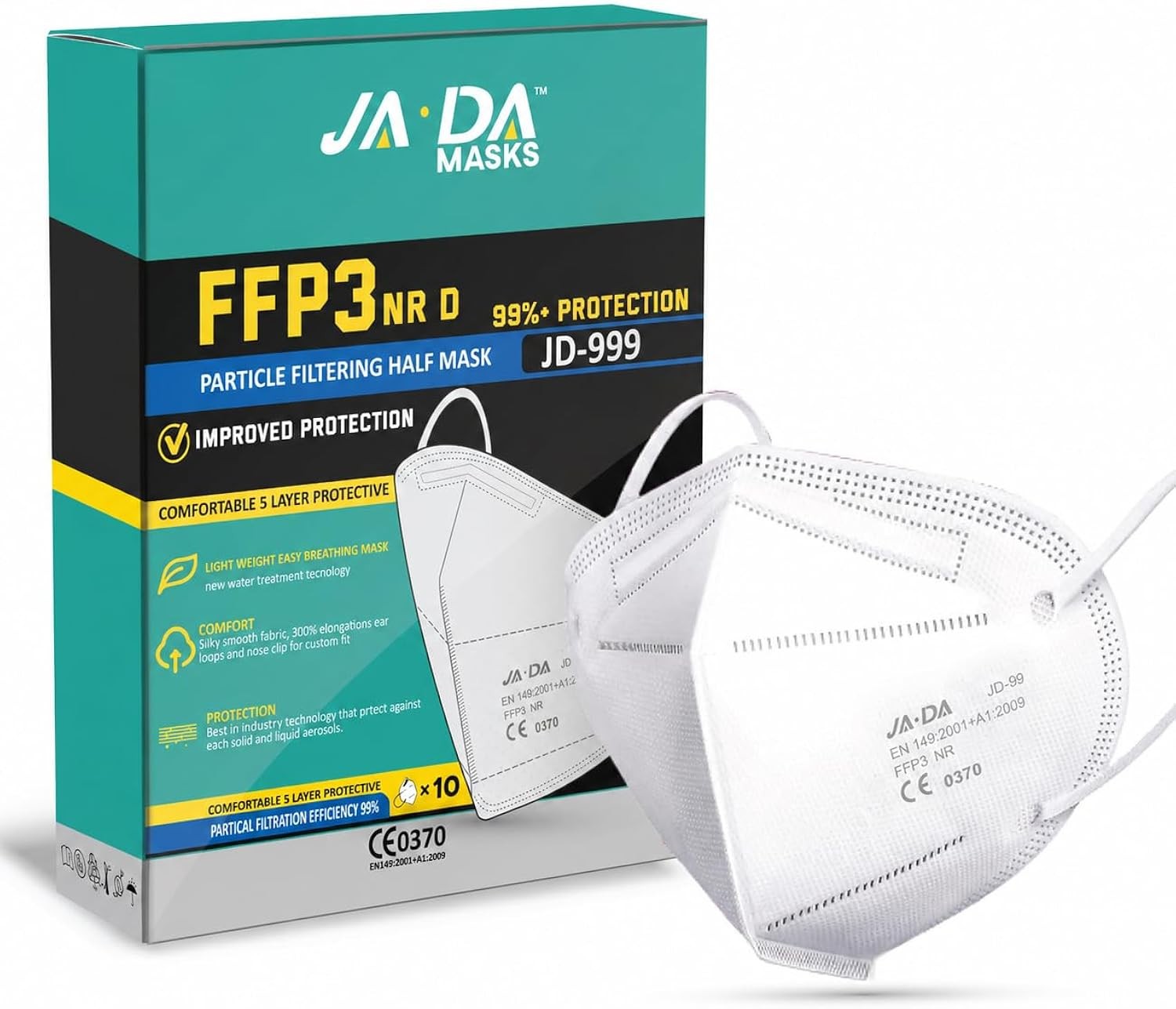 FFP3 Masks Pack of 10, >99% Filtration, Disposable Face Mask UK, Soft Secure