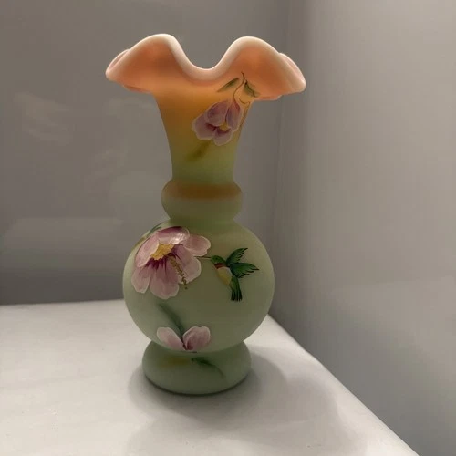 Fenton Lotus Mist Glass Hummingbird Vase Hand Painted Signed (Box7)