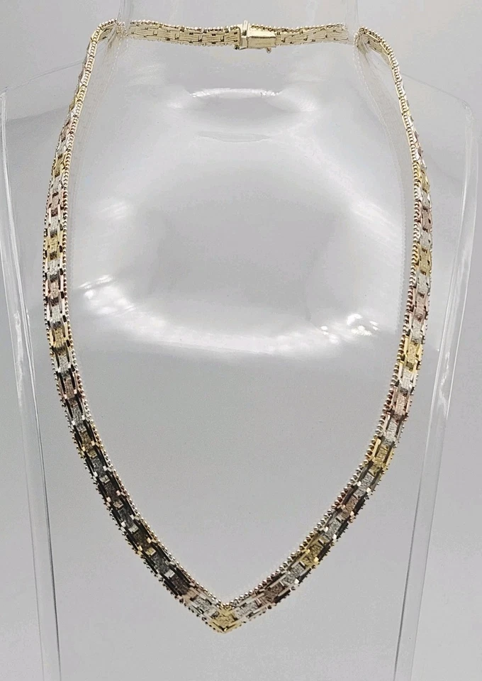 Collar Chevron Vintage Plata de Ley Tri Tono Corte Diamante 6mm 17" Foto 3 de 4