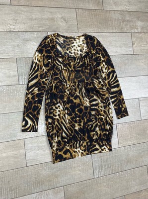 Roberto Cavalli Kleid Leopardenmuster Knielang Langarm Größe XS-S