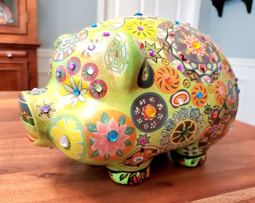 Vintage Hippie Boho Folk Art Ceramic Flower Rhinestone Piggy Bank