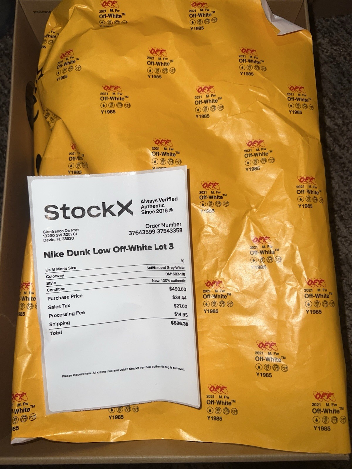 OFF WHITE X NIKE Nike Dunk Low x Off White 'Lotto 3 di 50' Taglia 10 DS Nuove