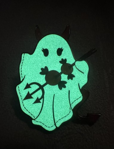 Ghostees Enamel Pin - Ghost W/Devil Costume, Horns & Pitchfork, GITD Whatevs - Picture 3 of 4