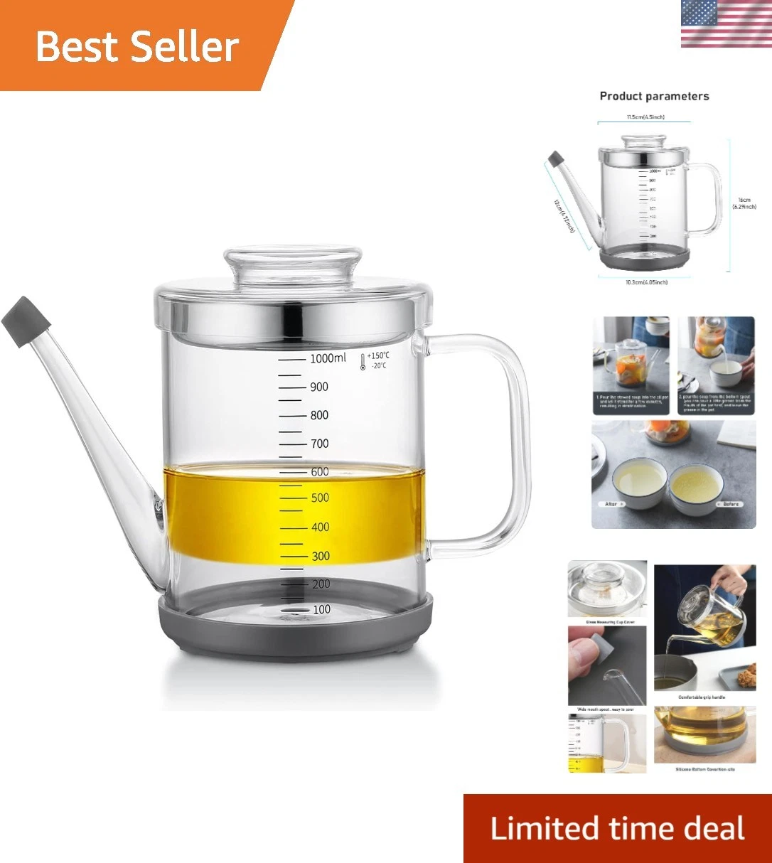 Fat Separator,Cooking Gravy Strainer, with Stainless Steel Oil Strainer,1000M...