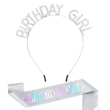 Birthday Girl Crown and Sash  Princess Tiara Happy Birthday Headband Silver