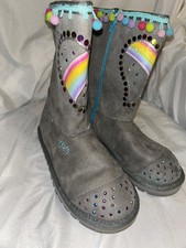 Skechers Girl Twinkle Toes Gray Rainbow Tassle Fur Light Up Zip Tall Boots 3