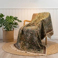 Handmade Cotton Throw Blanket, Floral Block Print, Black and Beige, Home Decor