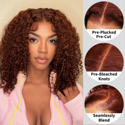 UNice Peruvian Reddish Brown Bob Curly Pre Cut Lace Front Wear Go Wig Human Hair
