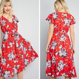 red flower wrap dress