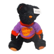 Happy Halloween Black Teddy Bear Plush 15  Knitted Sweater Orange Ears W/ TAGS