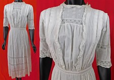 Vintage Edwardian White Cotton Pique Whitework Filet Lace Trim Tea Gown Dress
