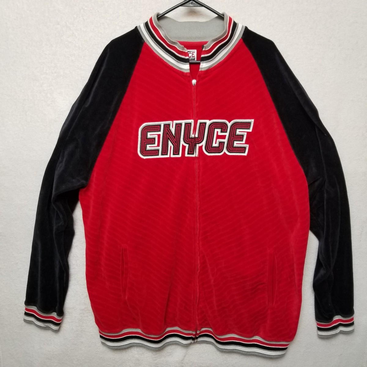 Vintage Enyce Sweater Mens Size 3XL Red Black Velour Pullover Zip 