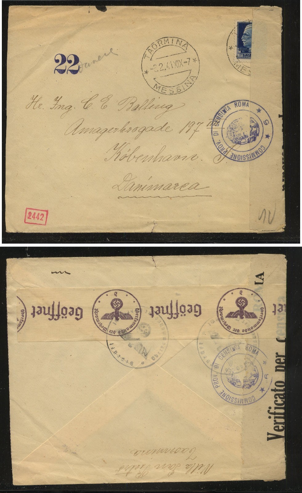 Italy  double  censor  cover    1941    MR1130