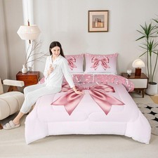 Pink Bowknot Comforter Set Queen Size,Pink Shimmer Dreamy Bow Tie Bedding Set...