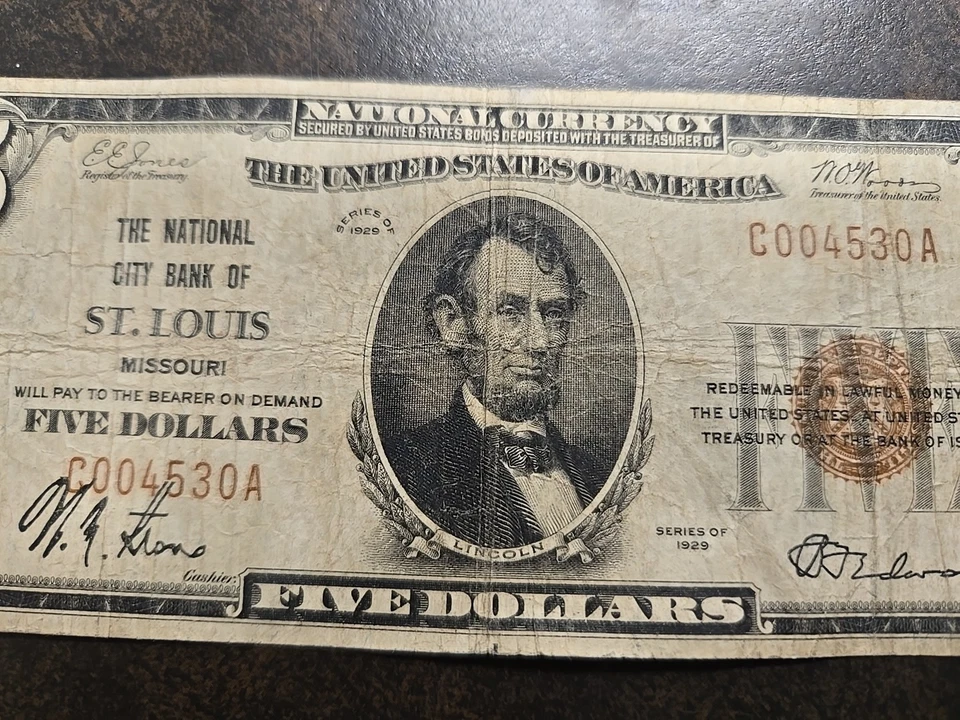 1929 $5 National City Bank of St Louis Missouri Ch 11989 Banknote - Image 3 of 4