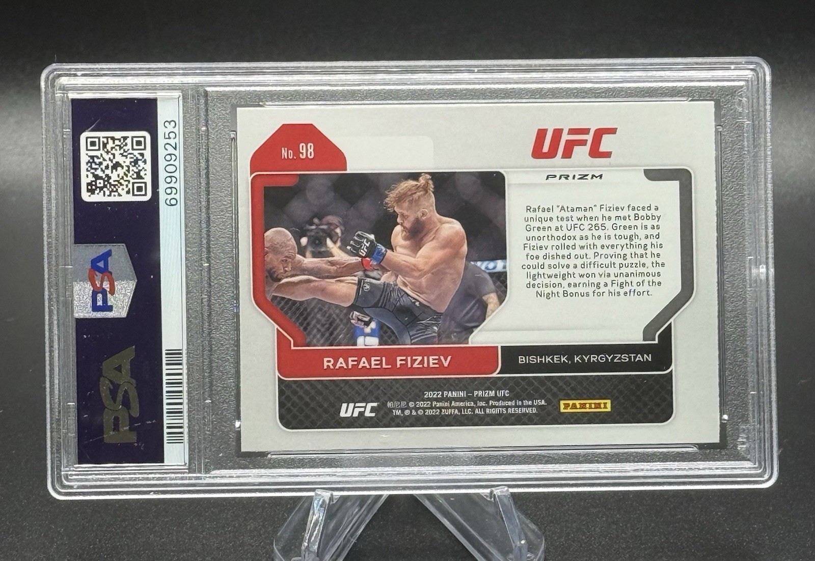 2022 Panini Prizm UFC Rafael Fiziev #98 Rookie RC PSA 9 Cracked Ice Prizm view 4