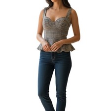 OLM Urban Outfitters Plaid Brown Bustier Corset Peplum Top Blouse Size XLarge
