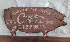 Fat Fred's Kitchen or Butcher Shop Metal PIG Wall SIGN~Primitive Farmhouse