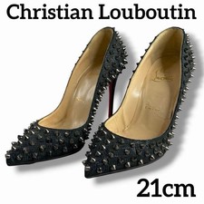 CHRISTIAN LOUBOUTIN Studded Pumps Heels 21cm Black Gray Leather Embossed Box